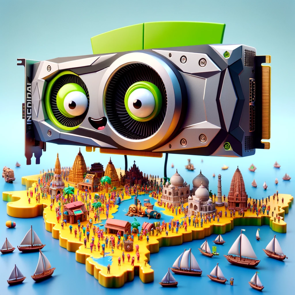 A whimsical, cartoonish scene where a giant, friendly-looking Nvidia graphics card, complete with cartoon eyes and a smile, towers over a stylized, miniature map of India. The graphics card is humorously oversized, and around it, tiny, recognizable representations of famous Indian landmarks and cities are visible, showcasing the exaggerated contrast in size. The scene is vibrant, playful, and clearly exaggerated, with a clear indication that it is a work of satire meant for humor.