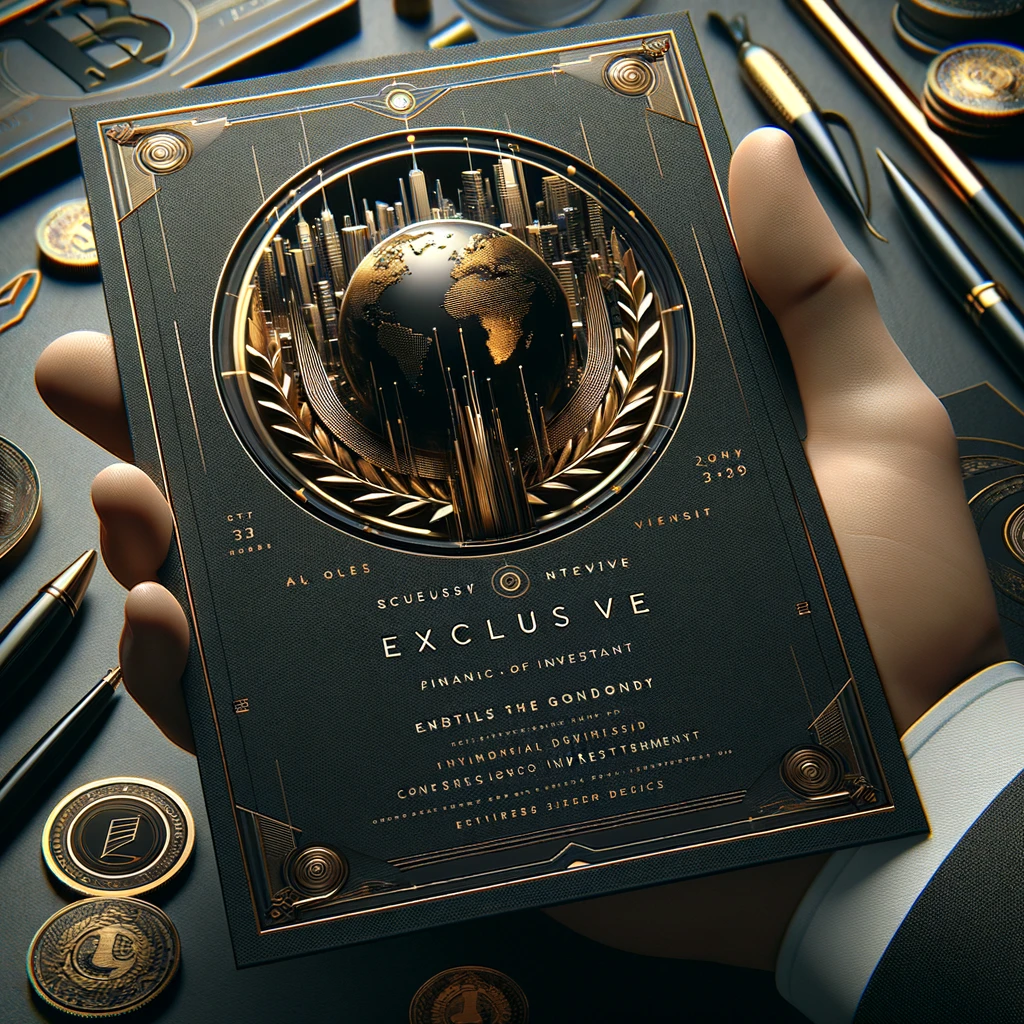 A close-up image of a hand presenting a sophisticated, exclusive invitation card for a high-end financial investment event. The card should resemble a high-tech, modern design with dark tones and a metallic gold frame. It should feature futuristic elements like a stylized golden cityscape and a globe encircled by laurel leaves as a symbol of global finance and success. The details of the event are in elegant, embossed gold script. The composition focuses tightly on the invitation card, with the background suggesting a professional setting with pens and coins, similar to the provided image.