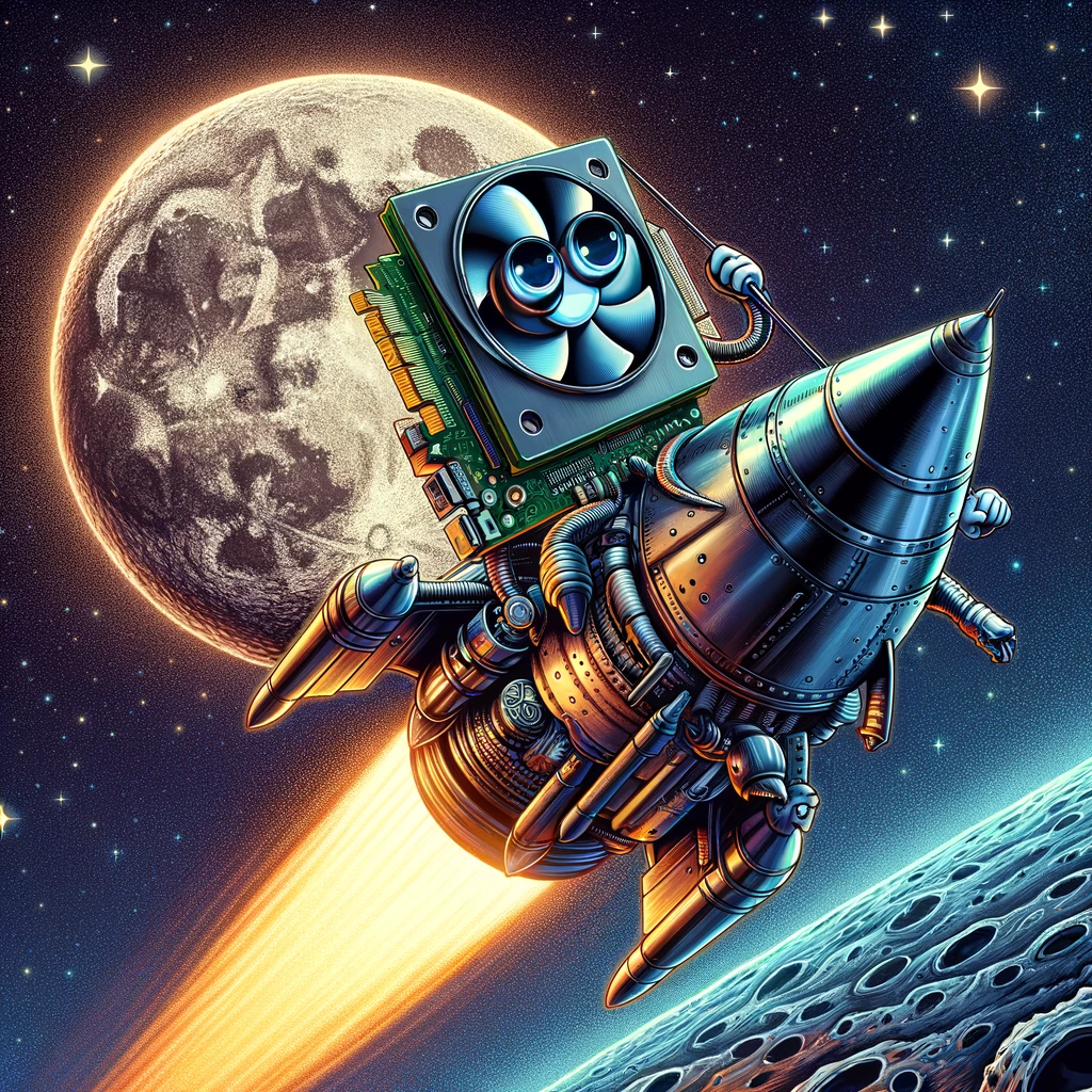 Create an imaginative illustration of a generic, futuristic graphics processing unit (GPU) riding a rocket towards the moon. The GPU should be anthropomorphized with cartoonish features, like eyes and hands, holding onto the rocket as it soars upwards. The background should depict the dark vastness of space transitioning to a starry sky with a detailed, cratered moon in the distance. The rocket should have exaggerated features, like oversized fins and a bright, fiery exhaust plume, to enhance the whimsical aspect of the scene. There should be no company logos or names, maintaining a generic representation of technology advancement.