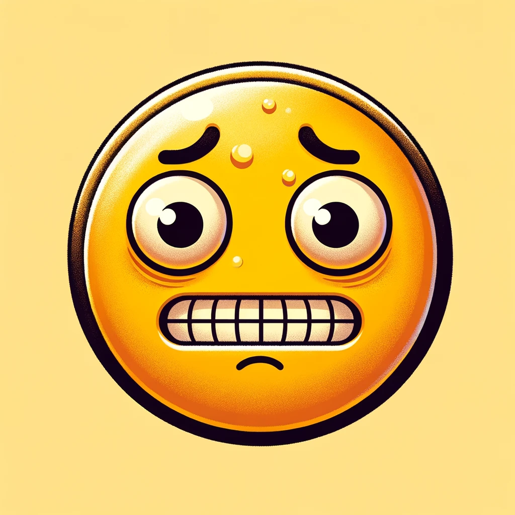 A digital illustration of a less weird, more worried 'gritted teeth, oh my god' emoji face. This emoji features a round face with a yellow background, slightly wide eyes, and raised eyebrows, conveying a sense of worry or concern. The mouth is slightly open with teeth gritted, illustrating a feeling of nervousness or apprehension. The style remains cartoon-like and simplistic, akin to emojis found in popular mobile messaging apps.