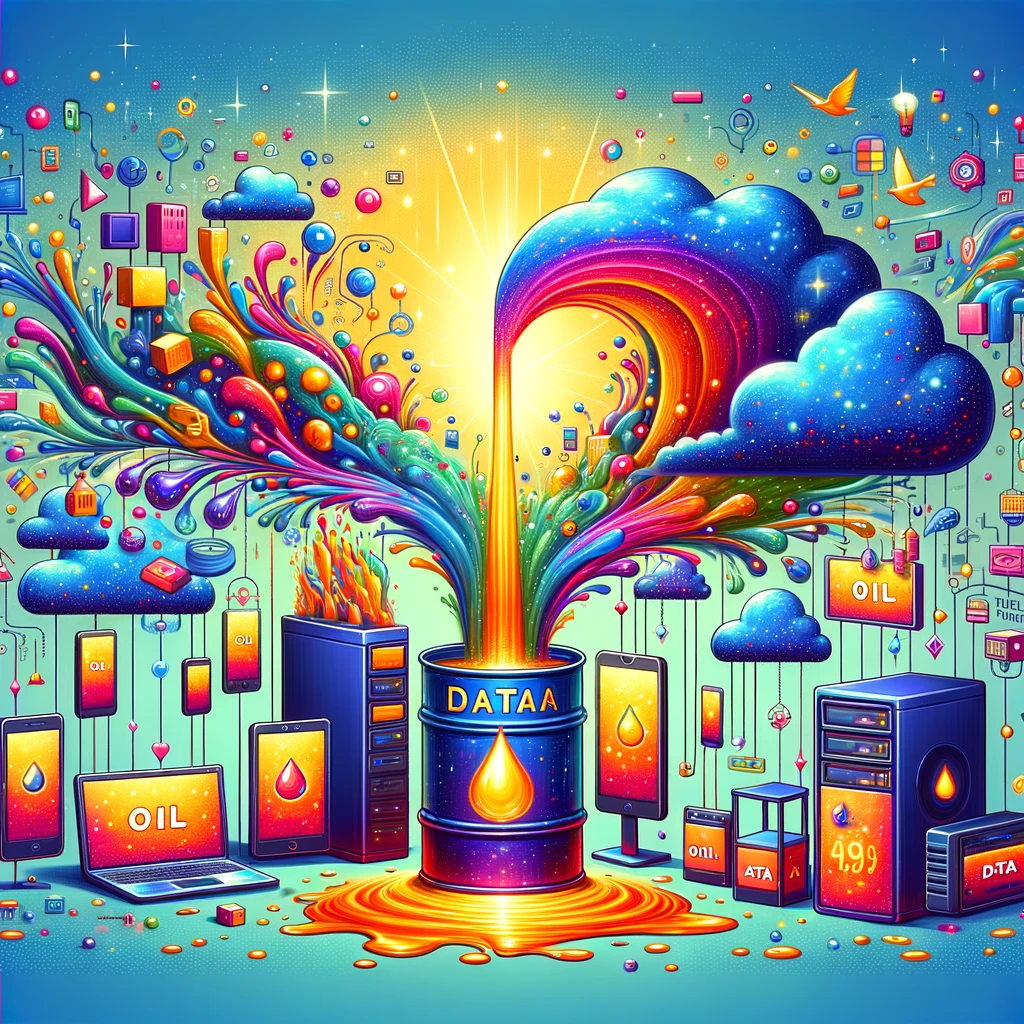 Create a whimsical and colorful image depicting the concept 'Data is the new oil'. The scene should be vibrant and imaginative, showcasing data flowing like oil from a giant computer or server into various devices like smartphones, tablets, and laptops. The data should be visualized as a bright, sparkling liquid, symbolizing its value and power. The background should be filled with abstract digital elements and icons related to technology and information, enhancing the fantastical atmosphere of the image.