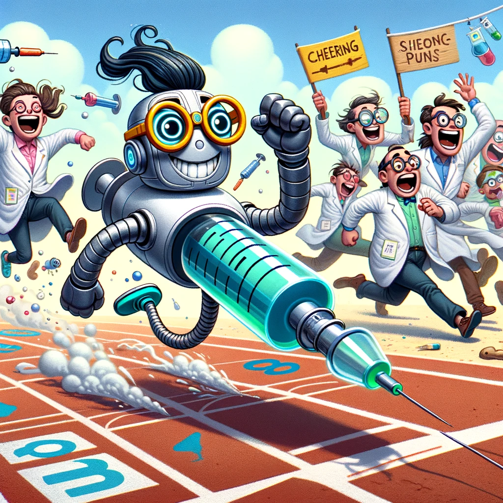 A comical and humorous scene where an artificial intelligence (AI) character, depicted as a quirky, cartoonish robot with oversized glasses and a playful grin, is racing towards a giant syringe at the finish line. The AI is slightly ahead of a group of scientists, all in exaggeratedly flapping lab coats, with humorous expressions of determination and surprise. One scientist is depicted with wind-blown hair and another is tripping over their own feet. The track is decorated with funny science puns and doodles, making the race look like a whimsical competition. Spectators are a mix of laughing robots and humans, some holding signs with cheering puns. The background is a colorful, cartoonish science fair setting.