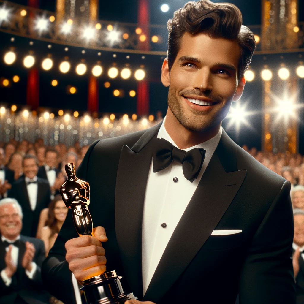 A movie star, exuding charisma and style, gracefully accepting an Oscar award. The star is in a dapper, classic black tuxedo with a bow tie, radiating confidence and charm. He has neatly styled hair and a broad, engaging smile, holding the Oscar statuette proudly. The setting is the Oscar ceremony stage, adorned with elegant decorations and bright lights, with an audience of celebrities and industry professionals applauding enthusiastically in the background.