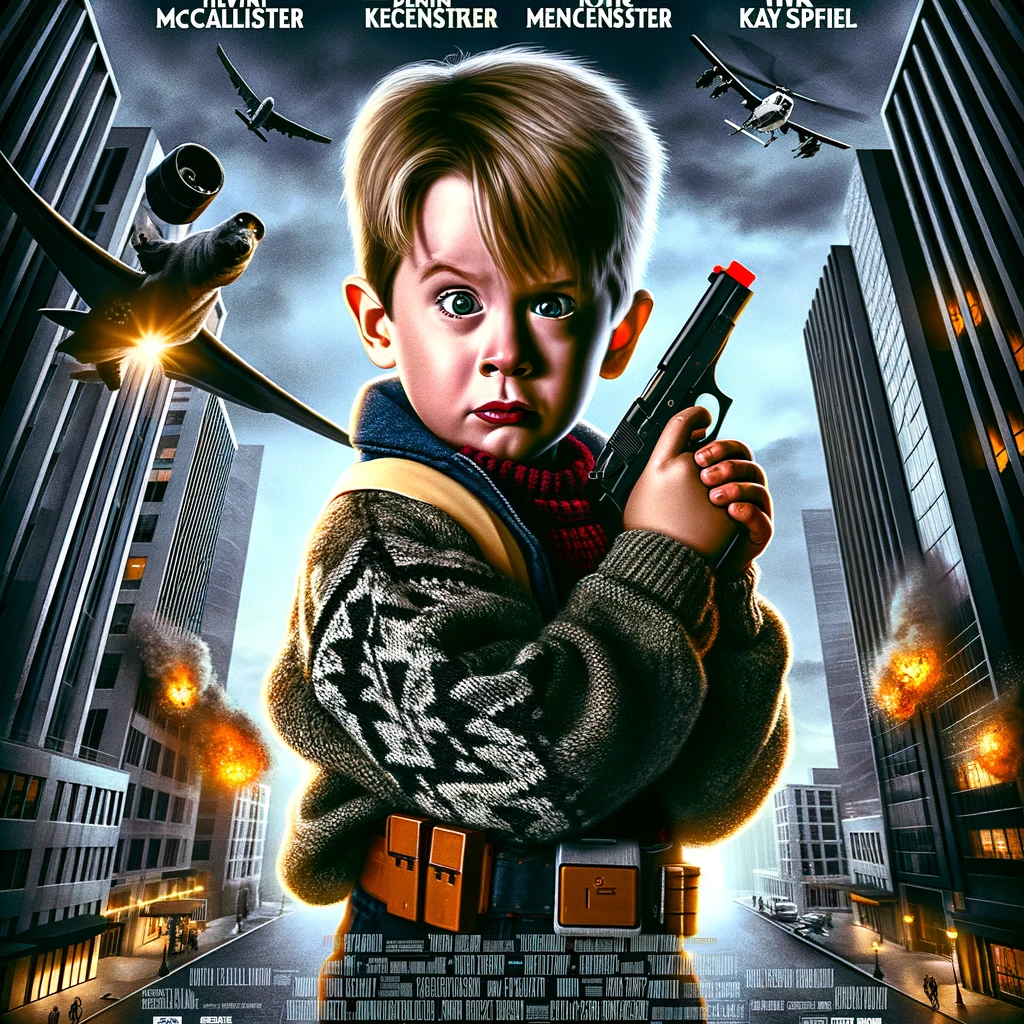 A movie poster for a fictional crossover film between 'Home Alone' and 'Die Hard'. The title of the movie is displayed in a bold, eye-catching font at the top. The poster features the character resembling a young Kevin McCallister from 'Home Alone', dressed in his iconic outfit, set against the backdrop of the Nakatomi Plaza from 'Die Hard'. He's holding a toy walkie-talkie and a toy machine gun, with a mischievous and determined expression. The poster has dramatic lighting and action-packed imagery, blending the playful innocence of 'Home Alone' with the intense action of 'Die Hard'. The bottom of the poster includes mock credits and a tagline that cleverly combines elements from both movies.