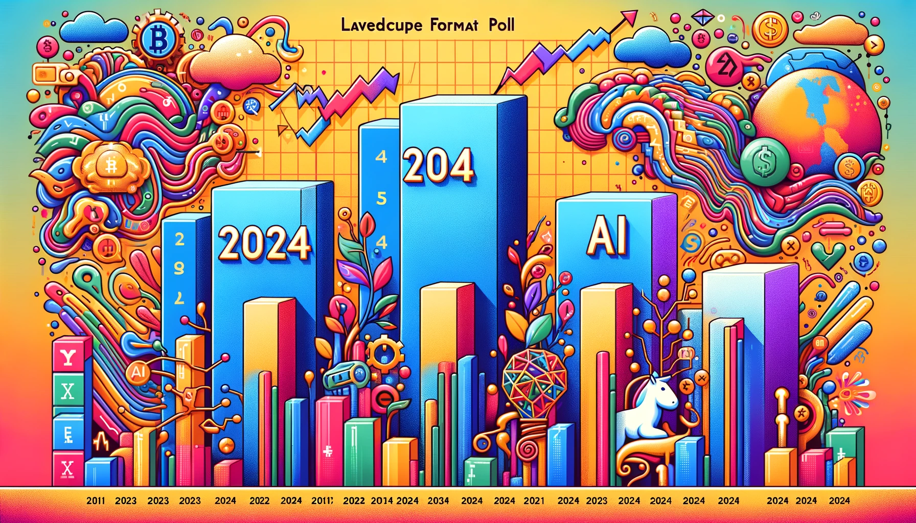 Create a landscape format image illustrating a whimsical and colorful poll scene between cryptocurrency stocks and AI stocks in 2024. The image should feature a bar graph without showing the exact results, implying a very close race. The bars should be adorned with playful patterns or designs, embodying the whimsical theme. The background should be vibrant and filled with abstract financial symbols and elements. Make sure the year '2024' is subtly integrated into the design, without dominating the scene.