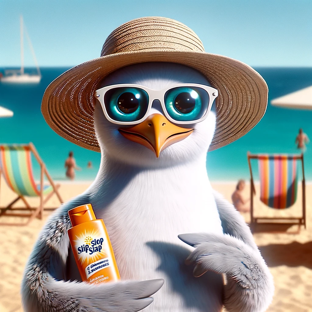 An image of an AI-generated character inspired by a seagull, resembling Sid the Seagull from the 1980s Australian 'Slip Slop Slap' commercials. The character should be friendly and cartoonish, with a beach setting in the background, representing the sun safety message of the campaign. The seagull is wearing a beach hat and sunglasses, and it's holding sunscreen, emphasizing the importance of sun protection.